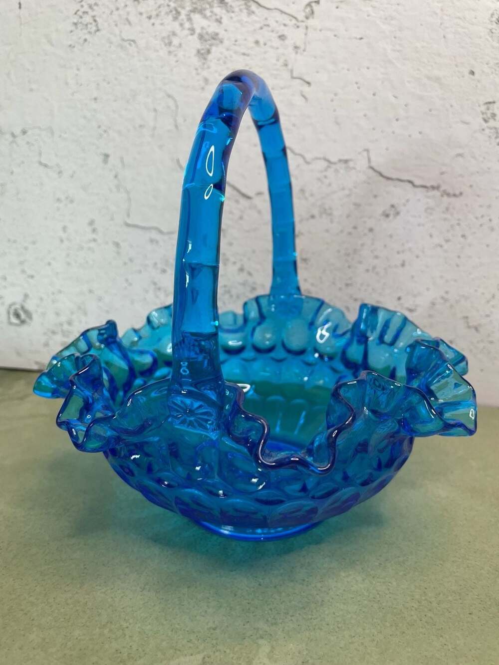 Fenton Glass Thumbprint Basket Blue Ruffled Art Glass 7.5 Inch